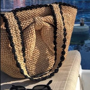 Kate Spade Beach Bag - Stylish Tan and Black Woven Tote Bag